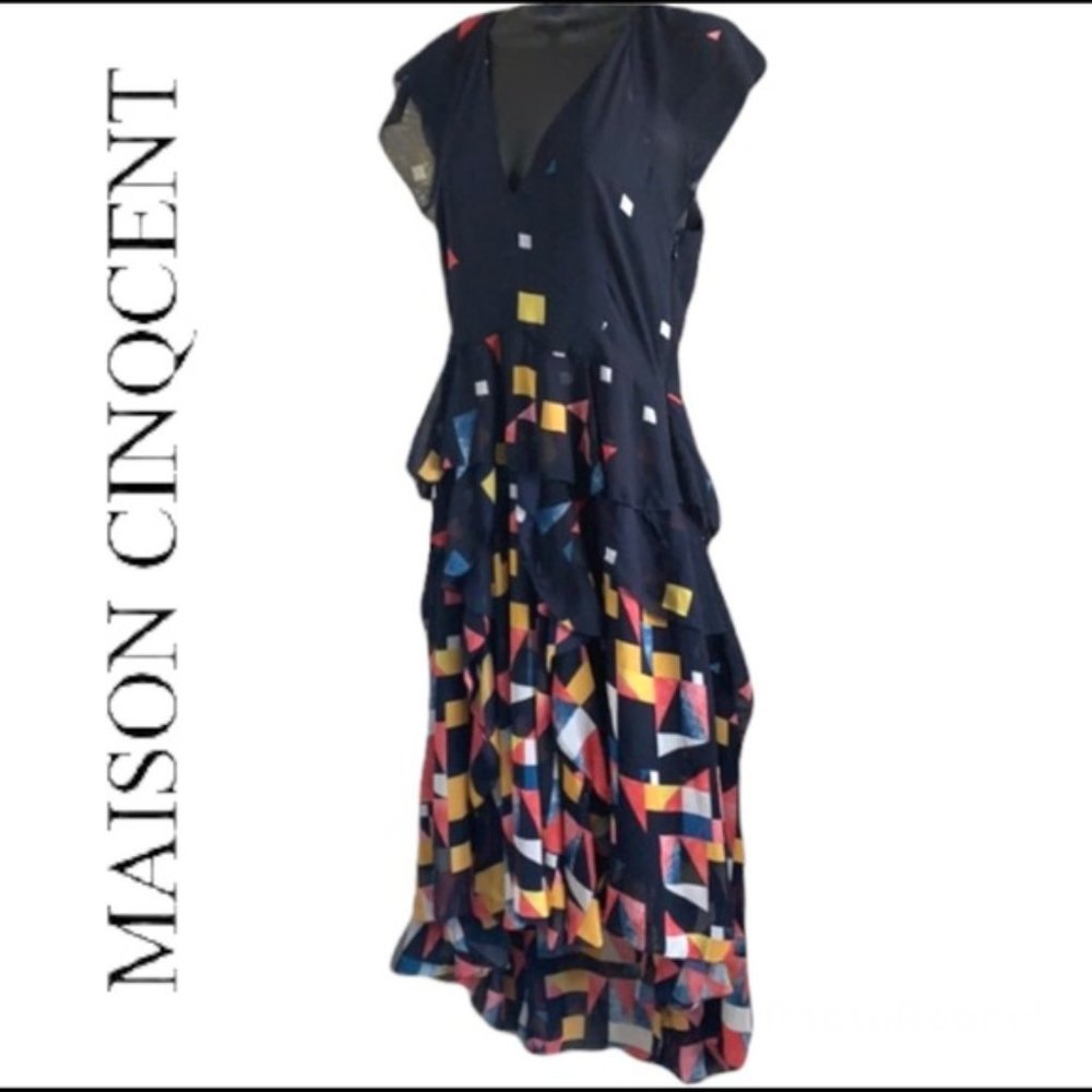 Maison Cinqcent navy blue/multicolour Stunning high-low midi dress size S
